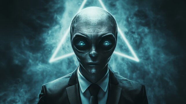 A man in a suit with a tie and a blue alien head