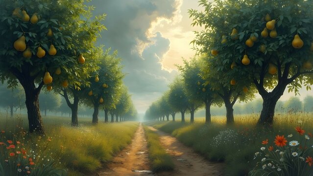 Pear orchard on rainy dirt road 