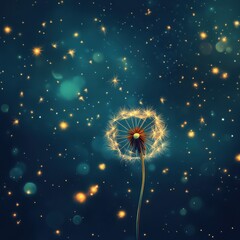 A glowing dandelion floating among the stars in the deep night