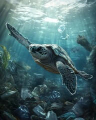 Fototapeta premium Majestic baby sea turtle gliding gracefully through a world of plastic debris