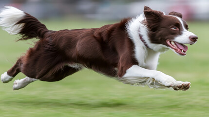Energetic border collie running across a green field, captured in mid-air during an agility training session, showcasing athletic movement, speed, and joyful expression in a natural outdoor setting