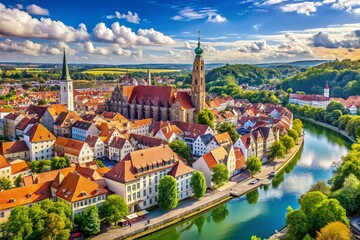 Naklejka premium Panoramic Landshut Bavaria: Cityscape, River Isar, Medieval Architecture