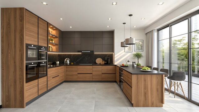 Modern kitchen interior with wood cabinets dar