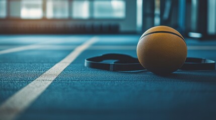Medicine ball and resistance band rest on gym floor