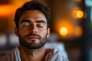 Fototapeta premium A man with his eyes closed and his head resting on his hands