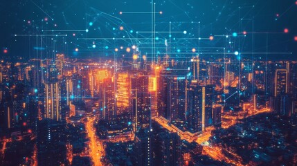 Obraz premium Vibrant digital cityscape with futuristic holographic buildings glimmering at night