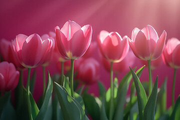 Fototapeta premium photograph of pink tulips on a pink background, in a flat lay style.