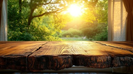 Wooden table outdoors, summer sunset view