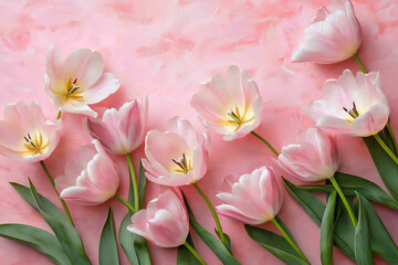 Obraz premium photograph of pink tulips on a pink background, in a flat lay, top view.