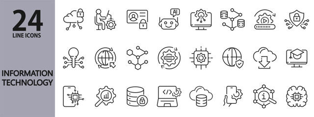 Information Technology line icons set with IT, Cybersecurity, Artificial Intelligence, Computing, Big Data, Cloud, Analytics and more. Editable Stroke