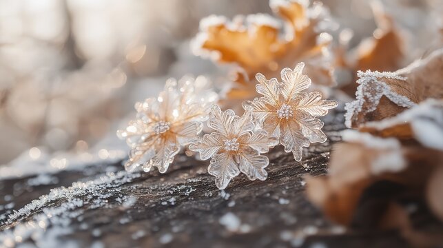Frozen Flower Decorations Resting On A Winter Log