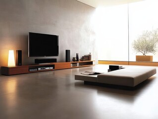 Fototapeta premium Modern living room featuring television speakers and contemporary furniture designs