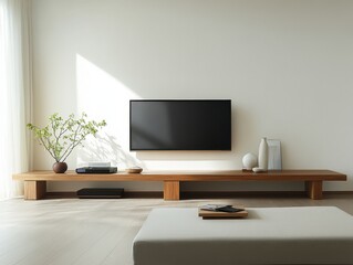 A modern living room arrangement featuring a wall mounted television