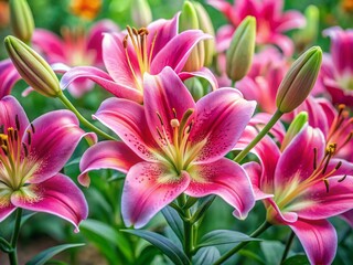 Fototapeta premium Panoramic View of Blooming Pink Asiatic Lily Flowers with Lush Green Foliage