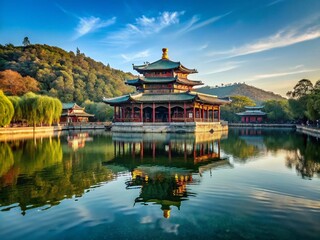 Fototapeta premium Panoramic View of Chengde Mountain Resort's Mid-Lake Pavilion, Imperial Gardens, Hebei, China