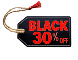Black friday label showing 30% discount on transparent background