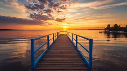 Obraz premium Serene Sunset over Water, Leading to a Wooden Pier
