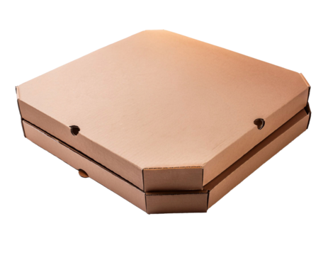 Two closed empty pizza boxes stacked on transparent background