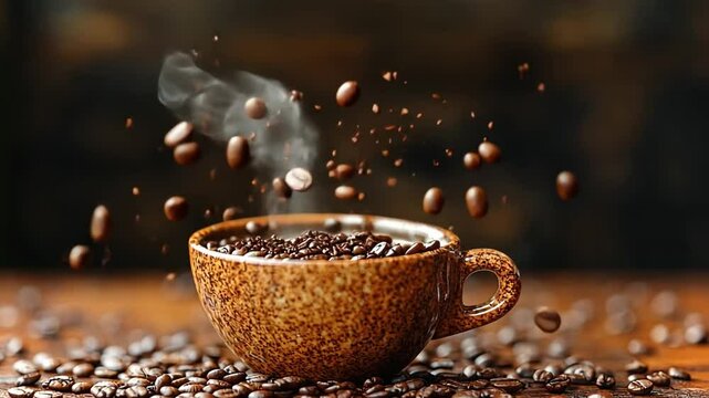 Rich coffee beans leap from a beautifully speckled cup, surrounded by aromatic grounds on a rustic wooden surface, showcasing a moment of brewing magic.