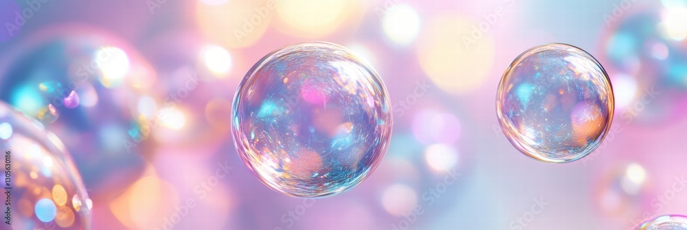 Poster Colorful soap bubbles floating against a dreamy pastel background during daytime. Generative AI