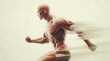 Digital rendering of a muscular human figure in a dynamic pose, illustrating motion and anatomy. Movement - River. Illustration