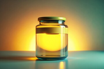 Pastel Background Modern Aesthetic: Glass Jar with Yellow Label Stock Photo
