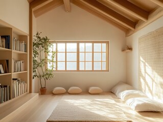 A well lit minimalist living room with natural wood accents