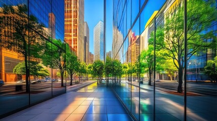Cityscape alleyway with mirrored buildings and green trees