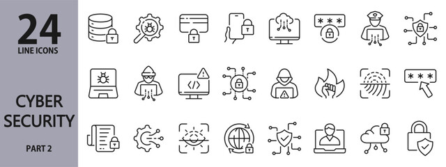 Cybersecurity line icons set with Security, Cyber, Identity, Internet, AI, Hacking, Firewall, Data, Protection, Cyber, Attack, Encryption and more. Editable Stroke