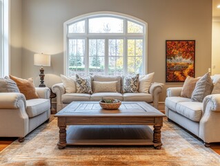 A luxurious and furnished living room with comfortable seating