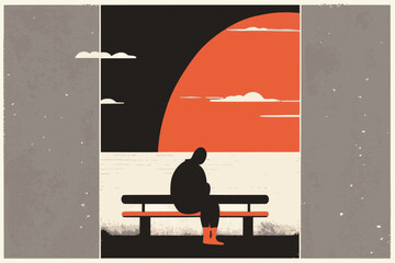 Loneliness and Depression in Seniors, silhouette of a man sitting alone and sad on a bench by the sea