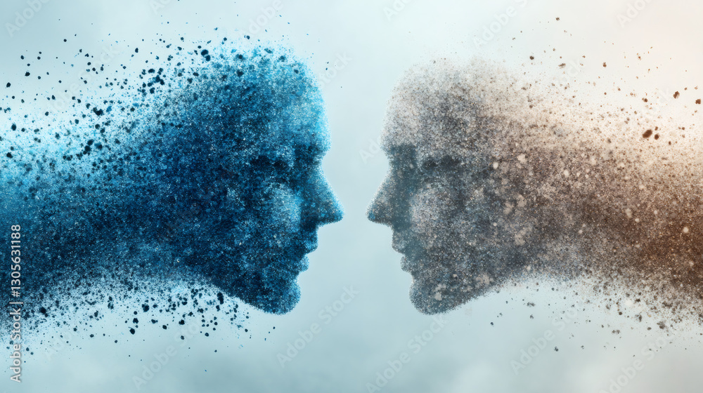 Poster Two human heads dissolving into small particles, facing each other against a soft light blue background, evoke themes of connection and emotion