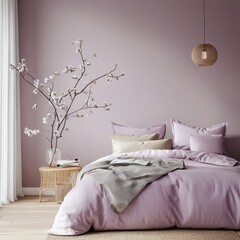 A cozy and well decorated bedroom with soft purple bedding and decor