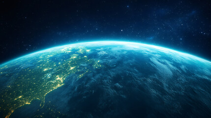 Highly detailed Earth rotating in space, revealing the sparkling city lights of North America during the night, surrounded by a dark atmosphere