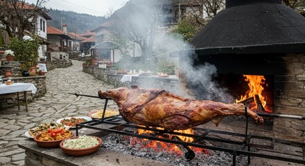 Roasted Lamb Outdoor Village Festival Traditional Food Cooking