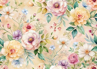 Pastel Watercolor Floral Wallpaper: Beige Background, Hand-Painted Flower Design