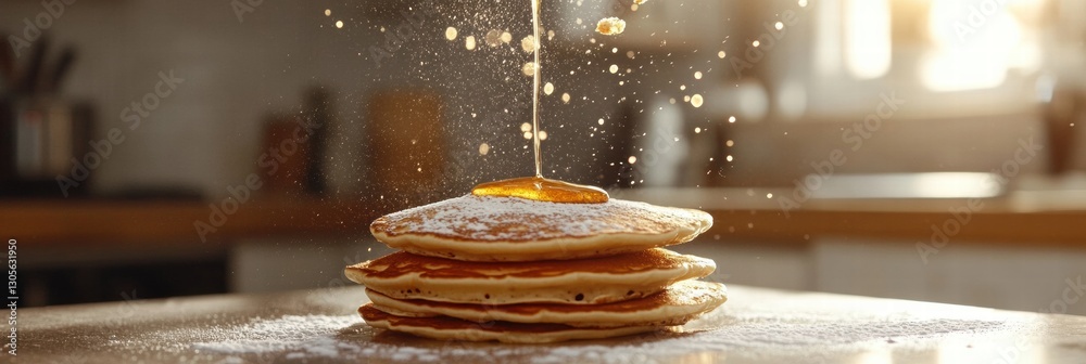 Poster Stack of fluffy pancakes drizzled with syrup and dusted with powdered sugar in a sunny kitchen. Generative AI