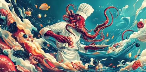 A chef octopus prepares fresh seafood in an artistic undersea environment