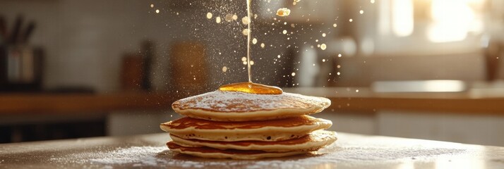 Obraz premium Stack of fluffy pancakes drizzled with syrup and dusted with powdered sugar in a sunny kitchen. Generative AI