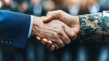 A handshake takes place between a civilian in formal attire and a military official during a significant event.