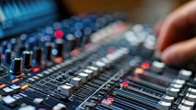 Professional audio engineer meticulously adjusts sound levels on a sophisticated mixing console, ensuring optimal audio quality during a live performance or recording session