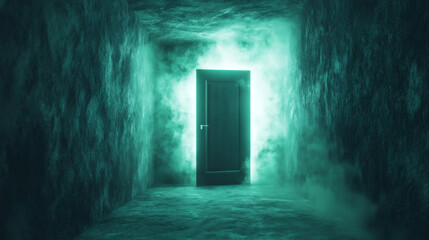 Open door with bright light and green smoke in a dark room, creating a mysterious and spooky atmosphere