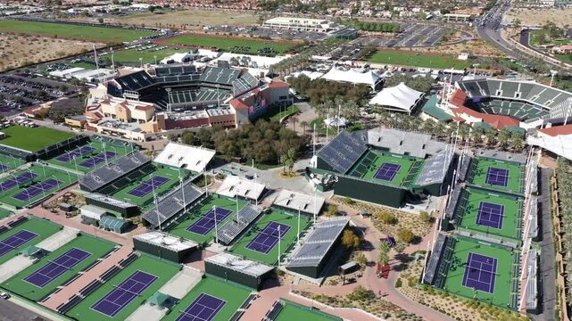 Aerial view of the stadium and hardcourts of the Indian Wells Tennis Garden where the BNP Paribas Open tennis tournament is played annually during March in California.