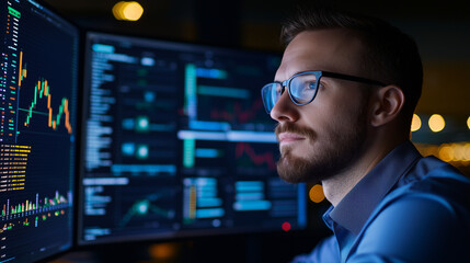 A financial analyst working in a modern brokerage environment