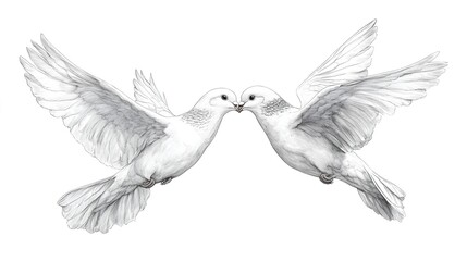 Obraz premium Two white birds are flying together in the sky. The birds are close to each other and appear to be in a loving embrace. Concept of peace and harmony