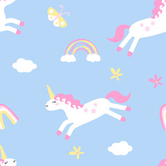 Cute children's seamless pattern with unicorn, rainbow, flowers. Hand drawn vector in doodle style. For children's print, pattern, greeting cards, poster, clothing, textiles, rooms.