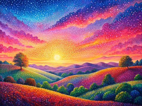 Fototapeta Pink Pointillist Landscape: Abstract Impressionist Sunset Painting