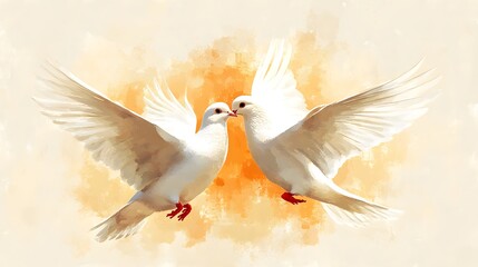 Obraz premium Two white birds are kissing each other. The image has a warm and peaceful mood. The birds are in the air, and their wings are spread out, creating a sense of freedom and joy