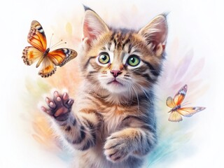 Playful Kitten & Monarch Butterfly Double Exposure Whimsical Pet Portrait