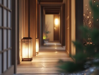 A traditional wooden hallway with illuminated lanterns and soft lighting